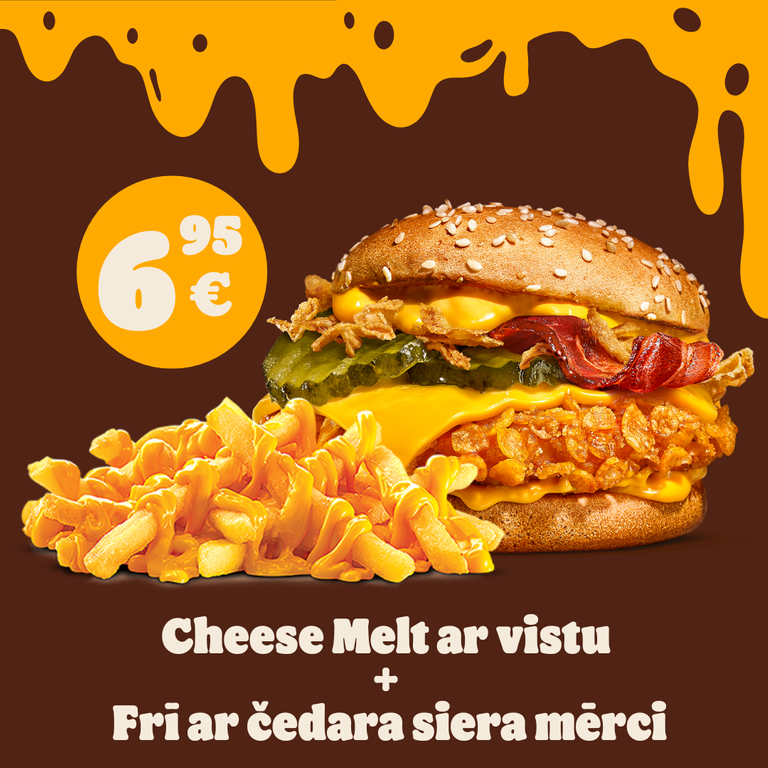 Cheese Melt burgers ar vistu + Frī ar čedaras siera mērci